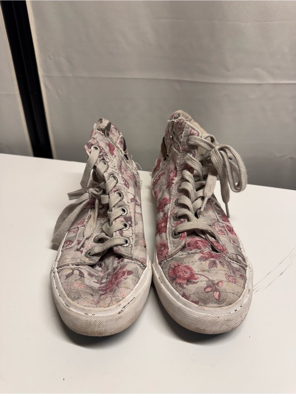 Floral High-Top Canvas Sneakers in Pink and Gray
